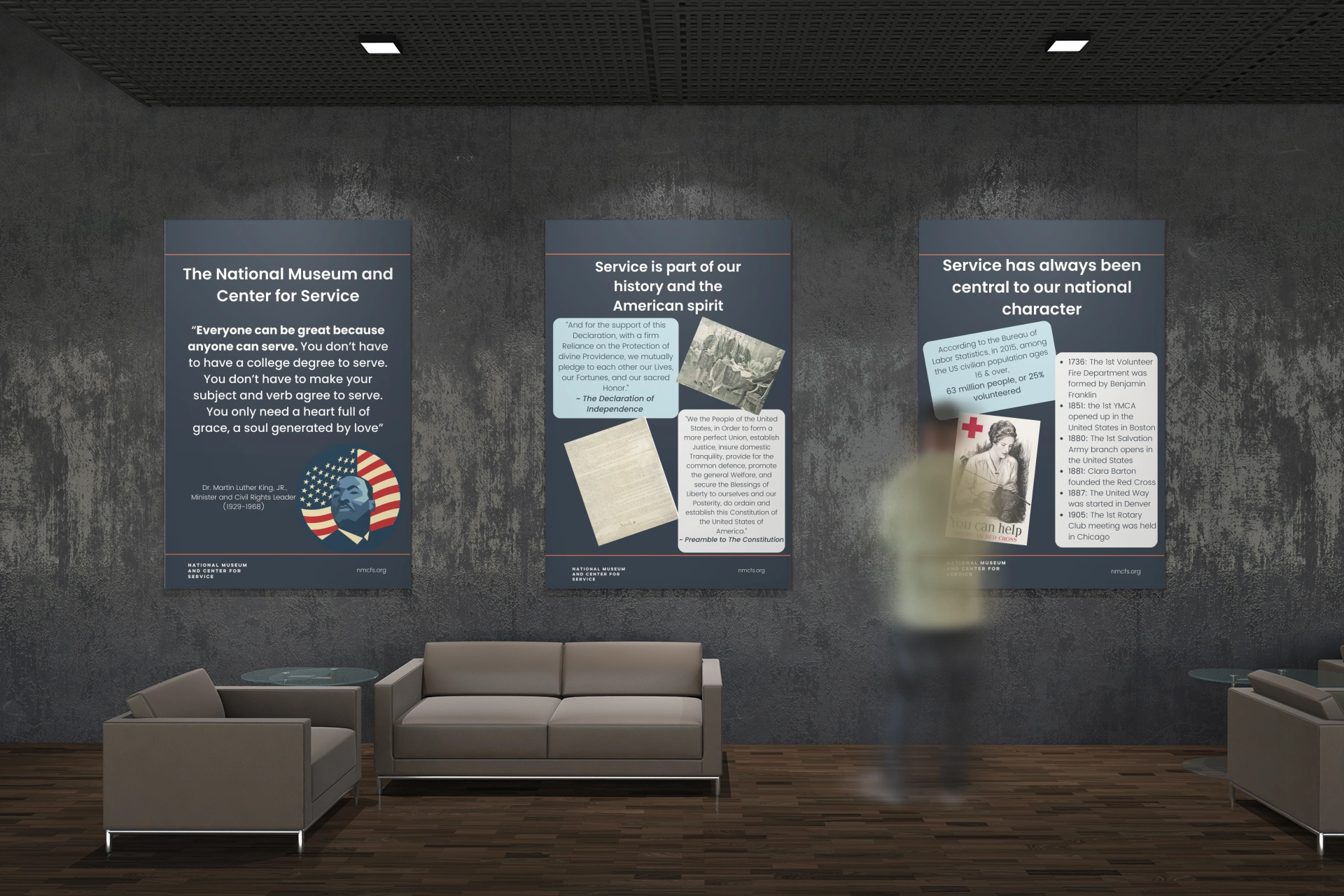 Rendering of three posters about NMCFS and service on wall of museum