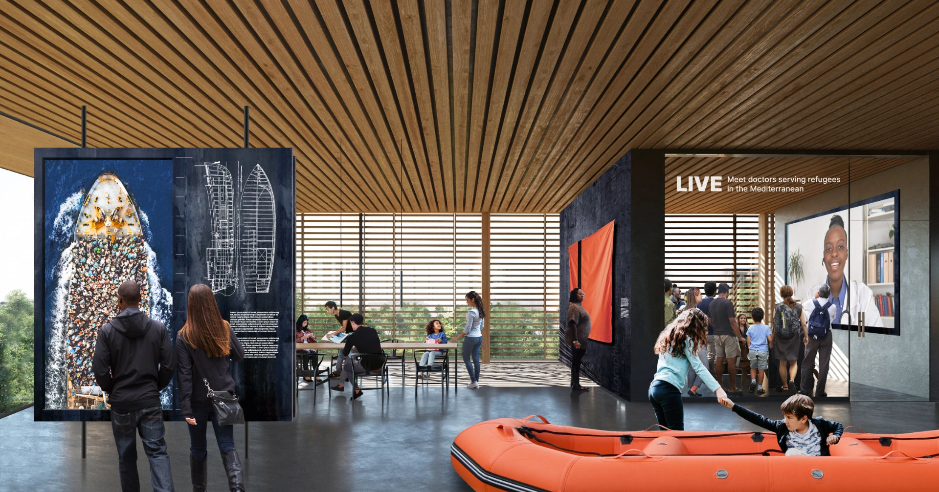 Rendering of visitors at future NMCFS visiting exhibit with rescue boat and details about doctors serving refugees in the Mediterranean