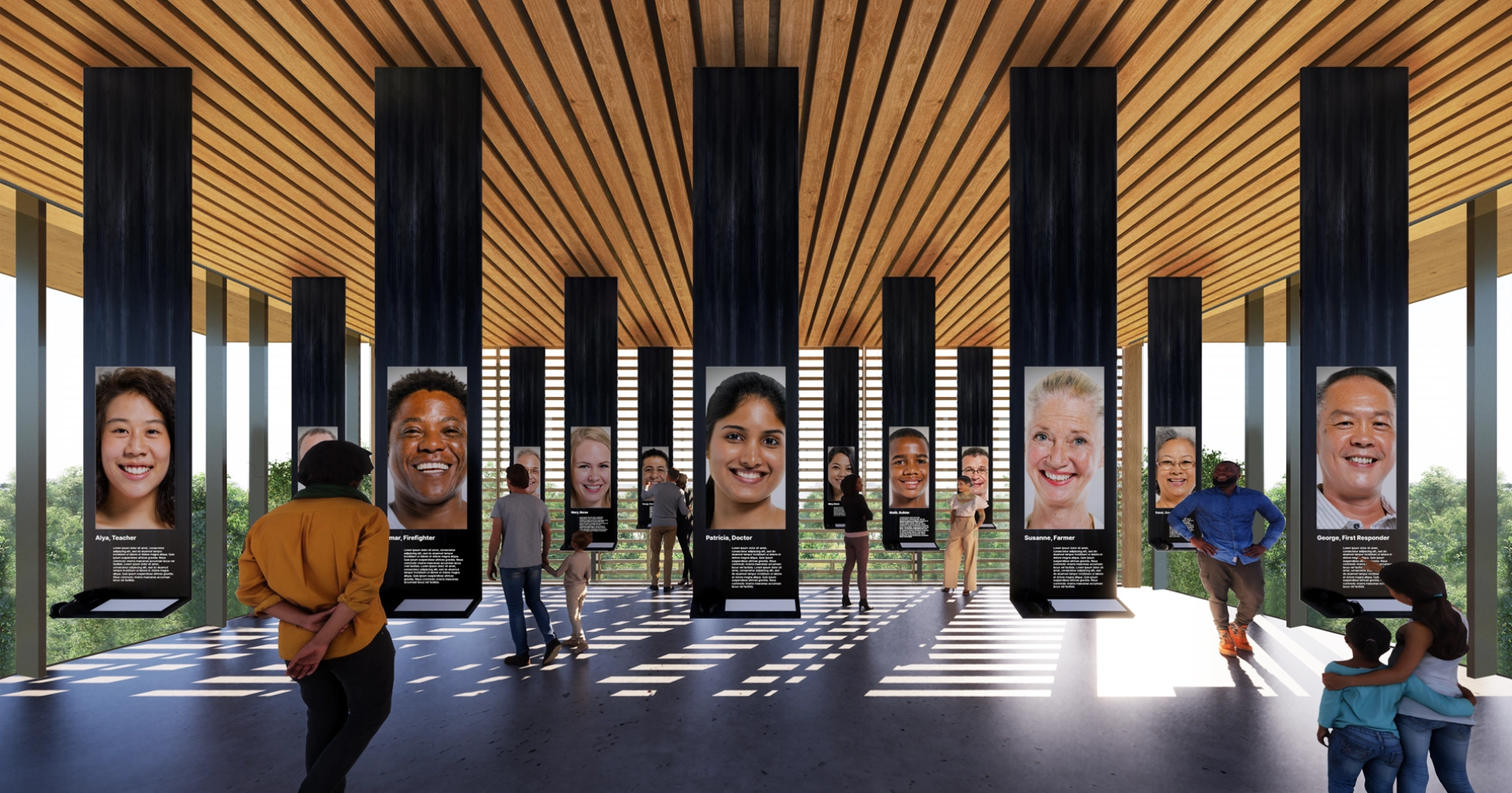 Rendering of visitors at future NMCFS with exhibit featuring banners suspended from the ceiling, with each banner including a photo and details of a person who has served others