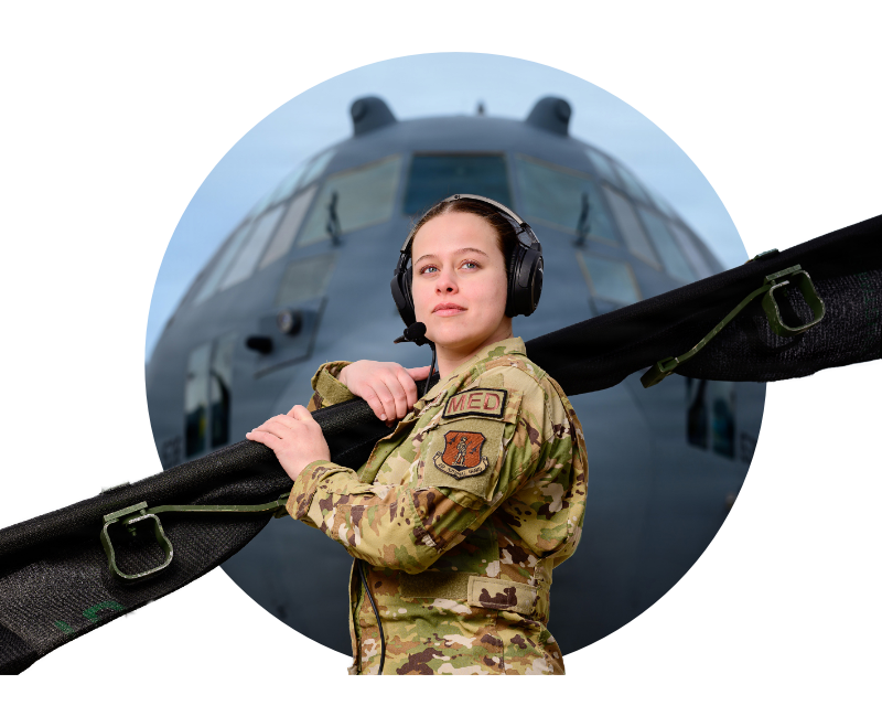 Aeromedical evacuation crew member in uniform in front of plane, with equipment extending outside the circle frame
