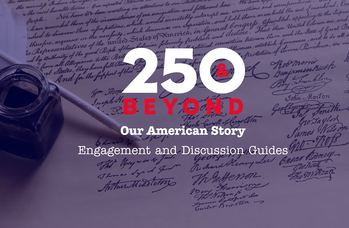 Logo overlayed on a graphic of hte Declaration of Independence signatures