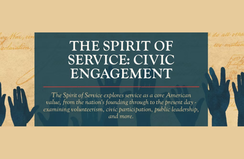 Graphic of hands raising and words in front the Spirit of Service Civic Engagement